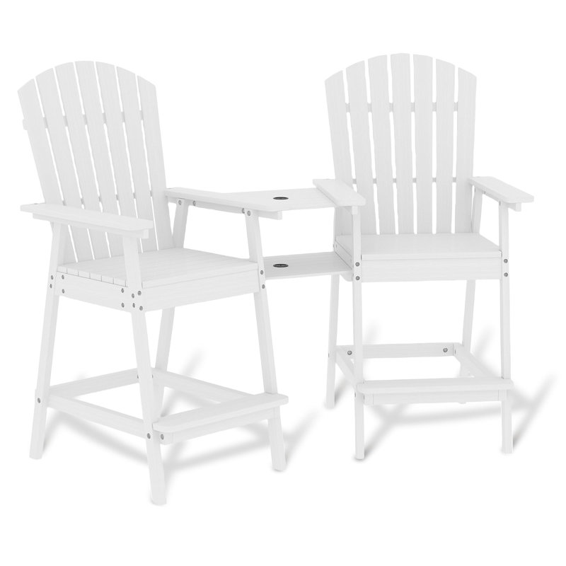 Set of 2 Outdoor Bar Height Adirondack Chairs with Connecting Tray – Tall Patio Barstools with High Back for Deck, Balcony, Backyard – Weather-Resistant Recycled Poly Garden Stools – Outdoor Décor – White