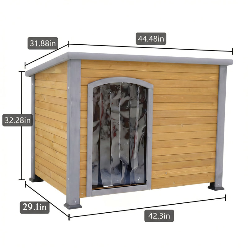 45-Inch Solid Wood Dog House for Winter, Suitable Indoor/Outdoor, Features Plastic Curtain for Draft Protection and Insulation Mat