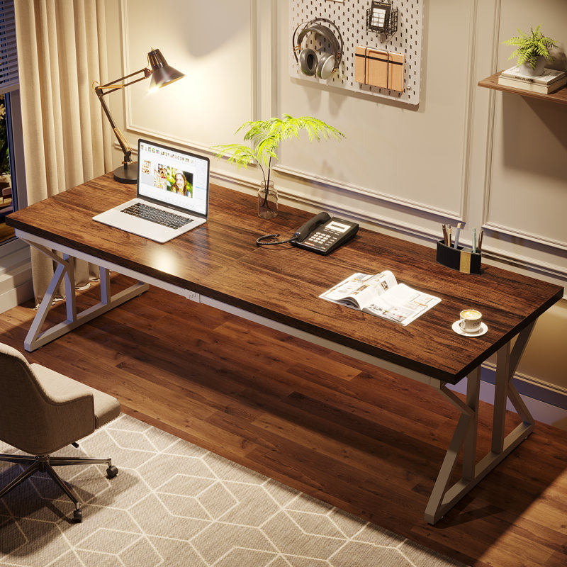 Clennon Stainless Steel Computer Desk, Brown/White