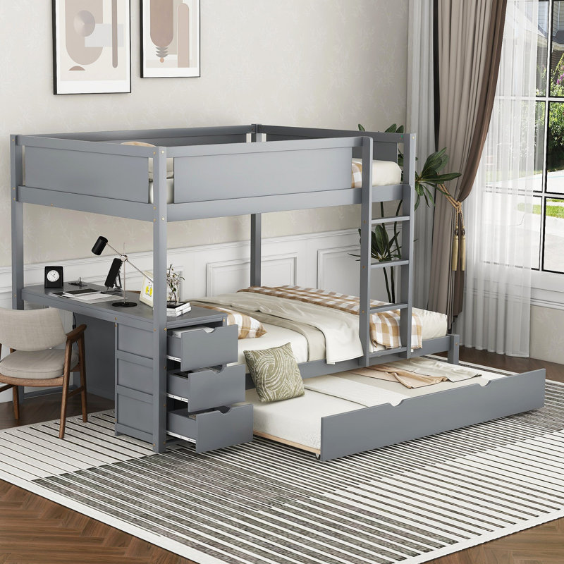 Lit superposé avec lit gigogne, rangement et bureau, Gris, Lit superposé double sur double
