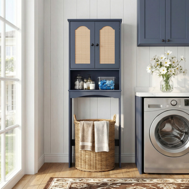 71" Tall Boho Over-the-toilet Storage Cabinet, Freestanding Bathroom Space Saver With Arched Rattan Doors & Adjustable Shelves, White