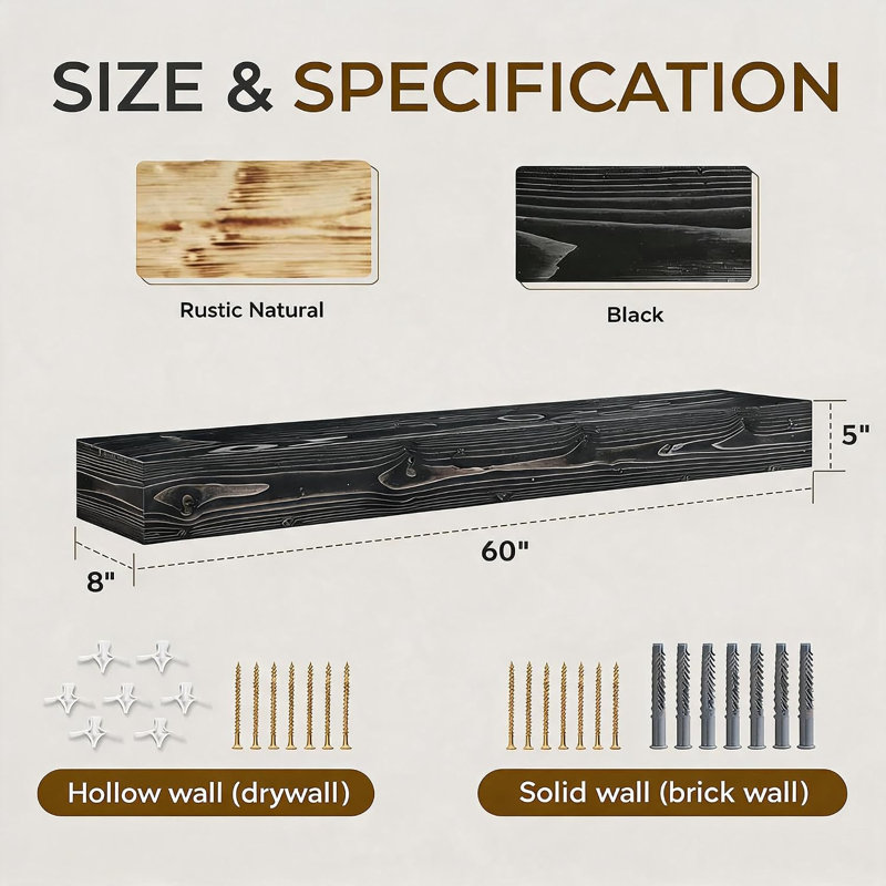 72-Inch Solid Wood Floating Fireplace Mantel Shelf – Rustic Wall-Mounted Shelf for Over Fireplace, Spray Paint Black