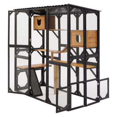 Outdoor Cat Enclosure Wooden Catio - Large Fir Wood Cat Playpen with Sleeping Houses, Jumping Platforms & Scratching Post for Patio, Black & Brown