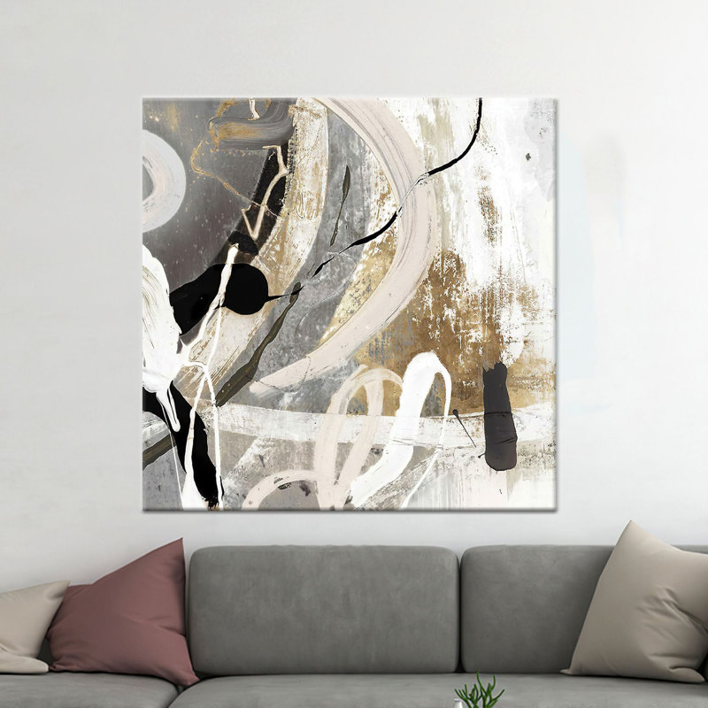 Art moderne sur toile abstraite moderne: impression élégante grise et dorée, toiles à cadre noir 1P, H: 47,3 po x l: 47,3 po