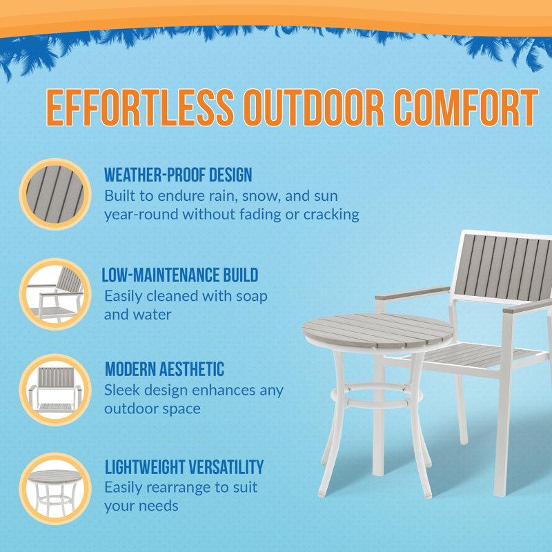 Island Retreat Ez-Care Tek-Wood 3-Piece Steel Outdoor Patio Furniture Set - Patio Chairs Set of 2 with Patio Table - Outdoor Furniture Set Made with Durable Poly Resin Lumber - White and Slate Grey