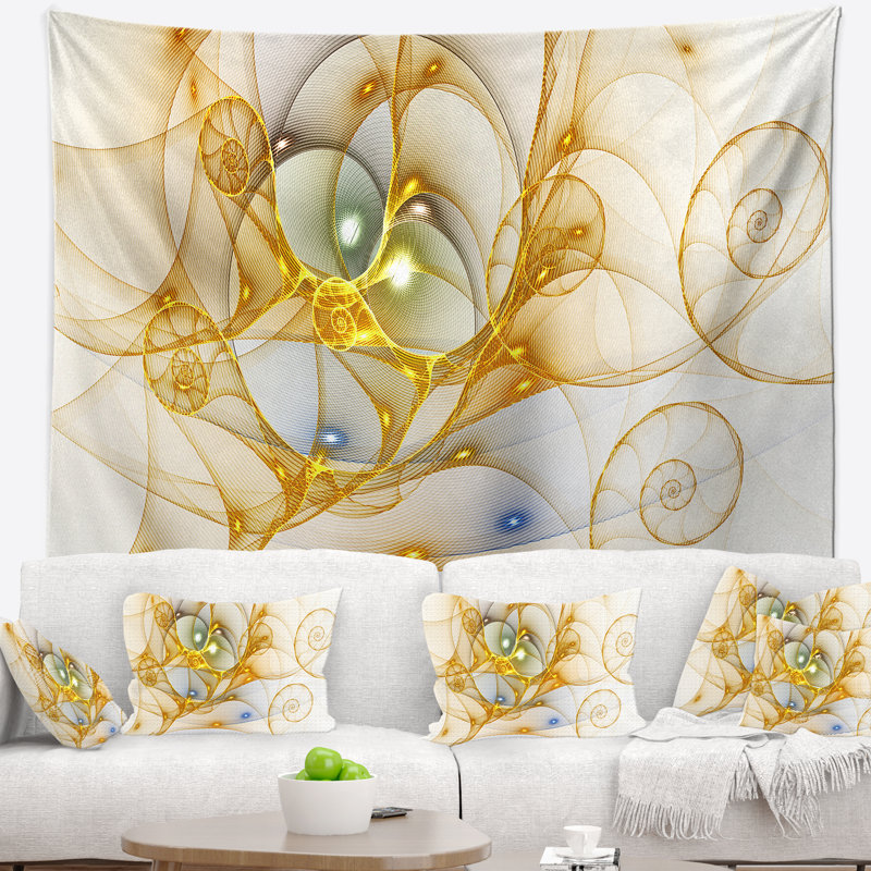 Tapisserie spirale abstraite de couleur dorée bouclée, H 68 po x l 80 po
