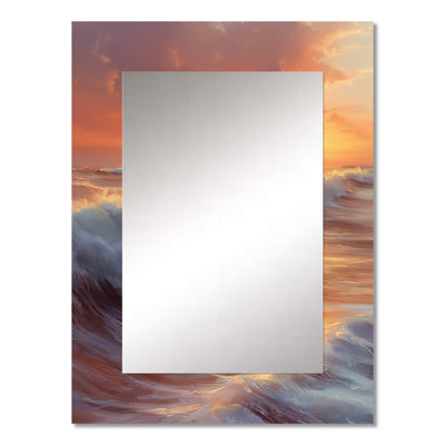 Yellow white Sunset waves ocean bliss - Beach Mirror, Yellow Decorative Wall Mirror, Printed Metal Art