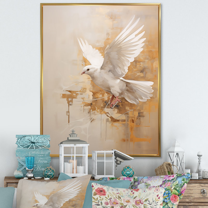 Minimalisme beige et colombe dorée II sur toile, H 40 po x l 30 po x P 1,5 po, Cadre flottant doré