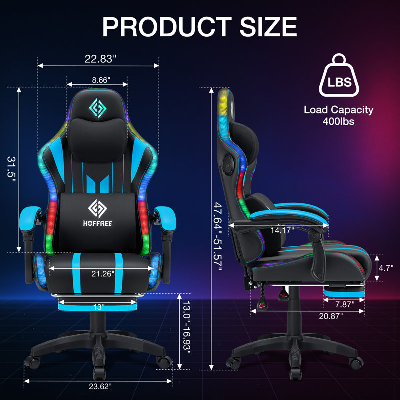 Fauteuil de jeu ergonomique à massage avec lumières RVB rythmiques et haut-parleurs Bluetooth, Bleu