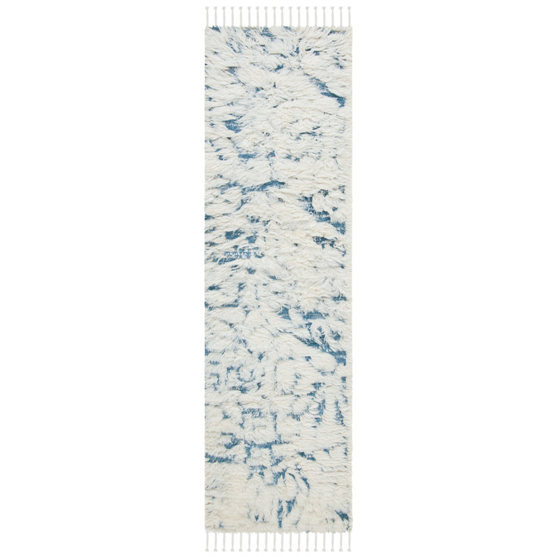 Tapis ivoire / bleu en laine et viscose Duena, Tapis de couloir 2 pi 3 po x 8 pi