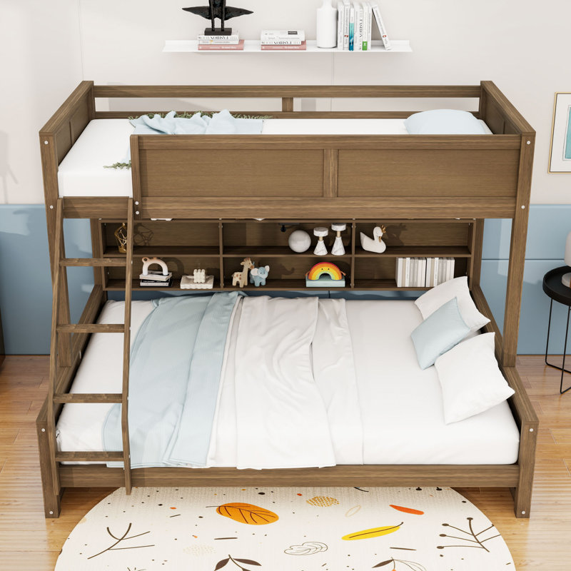 Lit superposé en bois avec tablettes, prises et ports USB, Bois antique, Simple TG sur grand