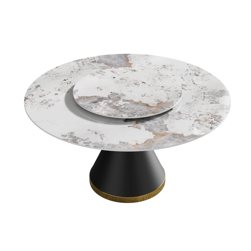 Table de salle à manger moderne 59,05 "en pierre artificielle ronde en acier au carbone noir pouvant accueillir 6 à 8 personnes