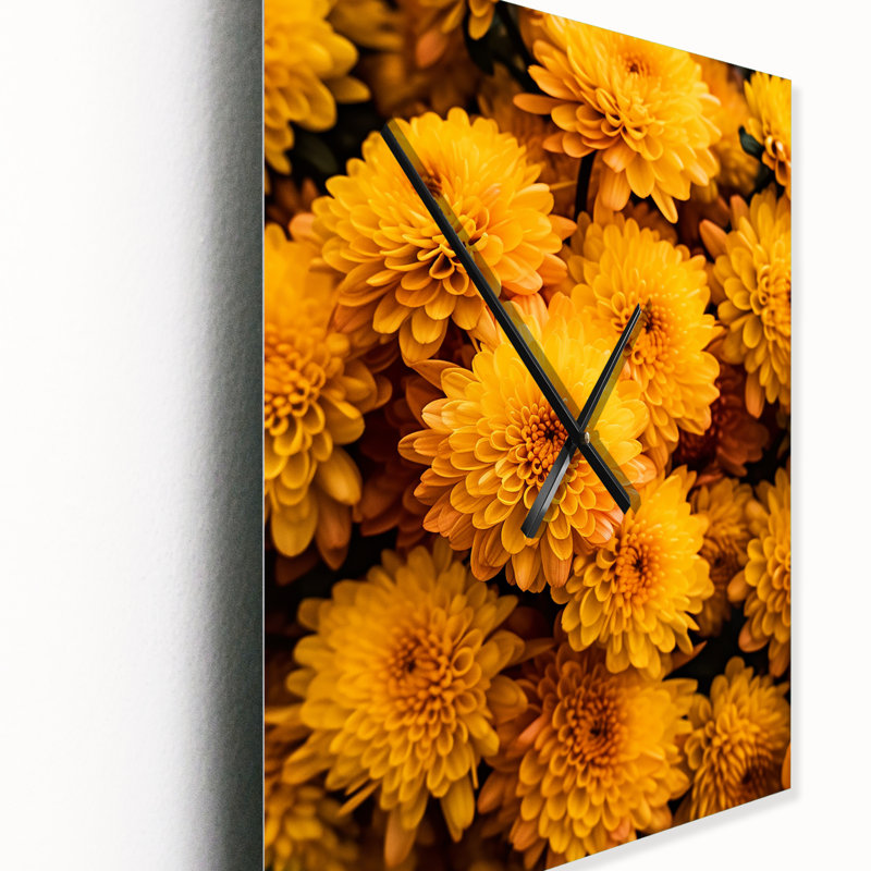 Yellow Chrysanthemums Field At Sunrise II - Chrysanthemums Wall Clocks, Small