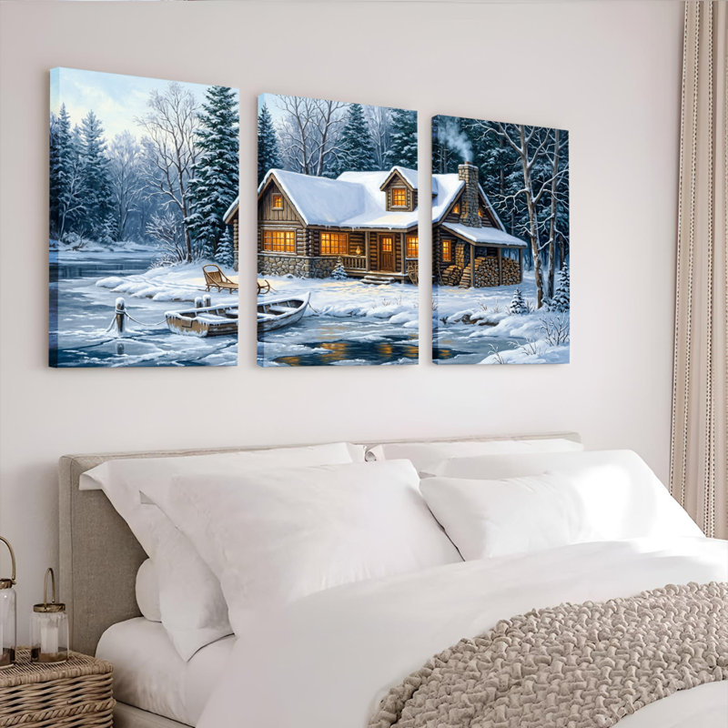 Ensemble de 3 toiles murales représentant un paysage de chalet d'hiver, pour la décoration du salon et de la chambre., 1624