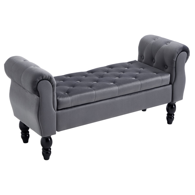 48'' W Upholstered Flip Top Tufted Storage Bench With Rolled Arm And Solid Wood Legs, Gray