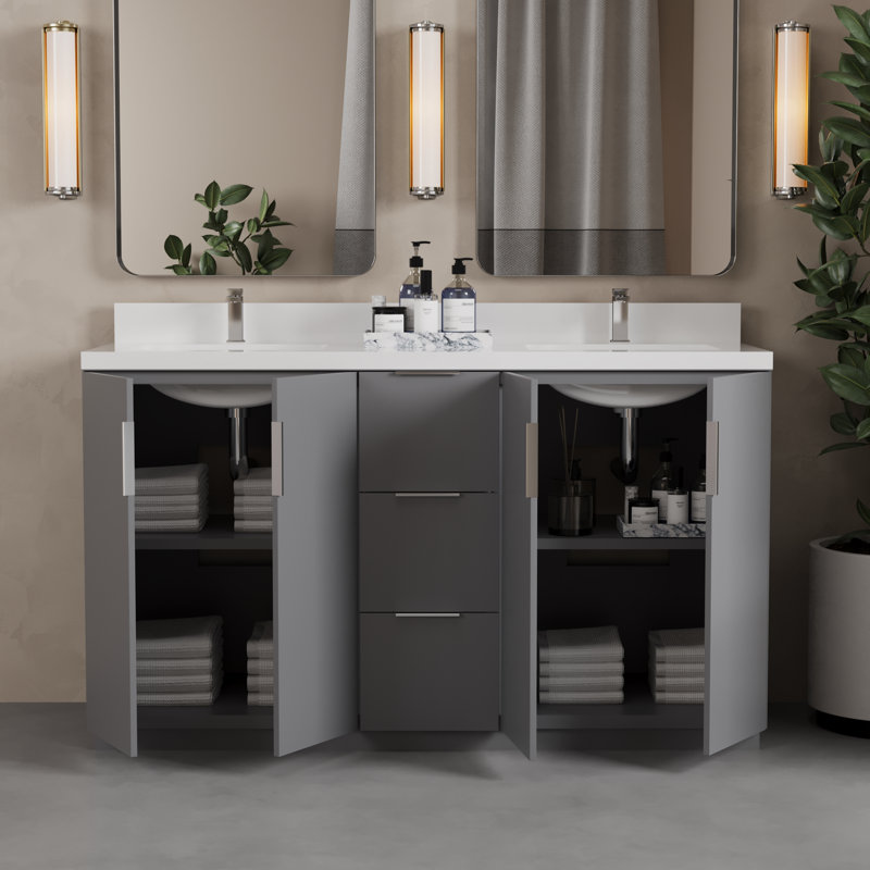 Meuble-lavabo double Varnam, 63", Gris
