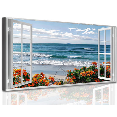  Beach Canvas Wall Art Panoramic Window Pictures, Rustic Coastal Wall Art, Blue Ocean Painting Summer Flowers Print, Open Window Artwork Decor Nautical Tropical Room Large Ready to Hang for Bedroom Living Room, 20x40 inches
