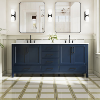 Freestanding 80" W x 35" H Solid Wood Bathroom Vanity With Carrara White Cultured Marble Countertop And Ceramic Double Sink,Navy Blue