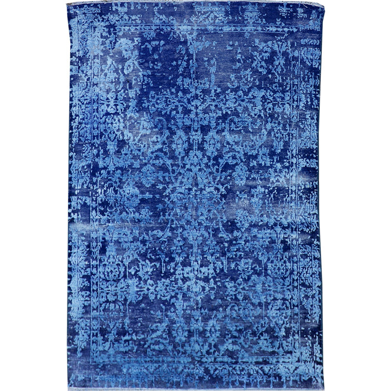 Hand-Knotted High-Quality Dark Blue and Aqua Area Rug
