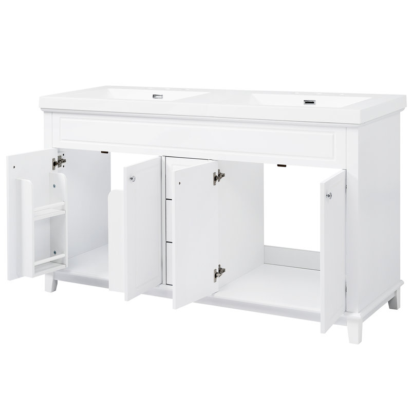 Meuble-lavabo double 60 po avec lavabo en résine 60 po et 3 tiroirs (blanc)