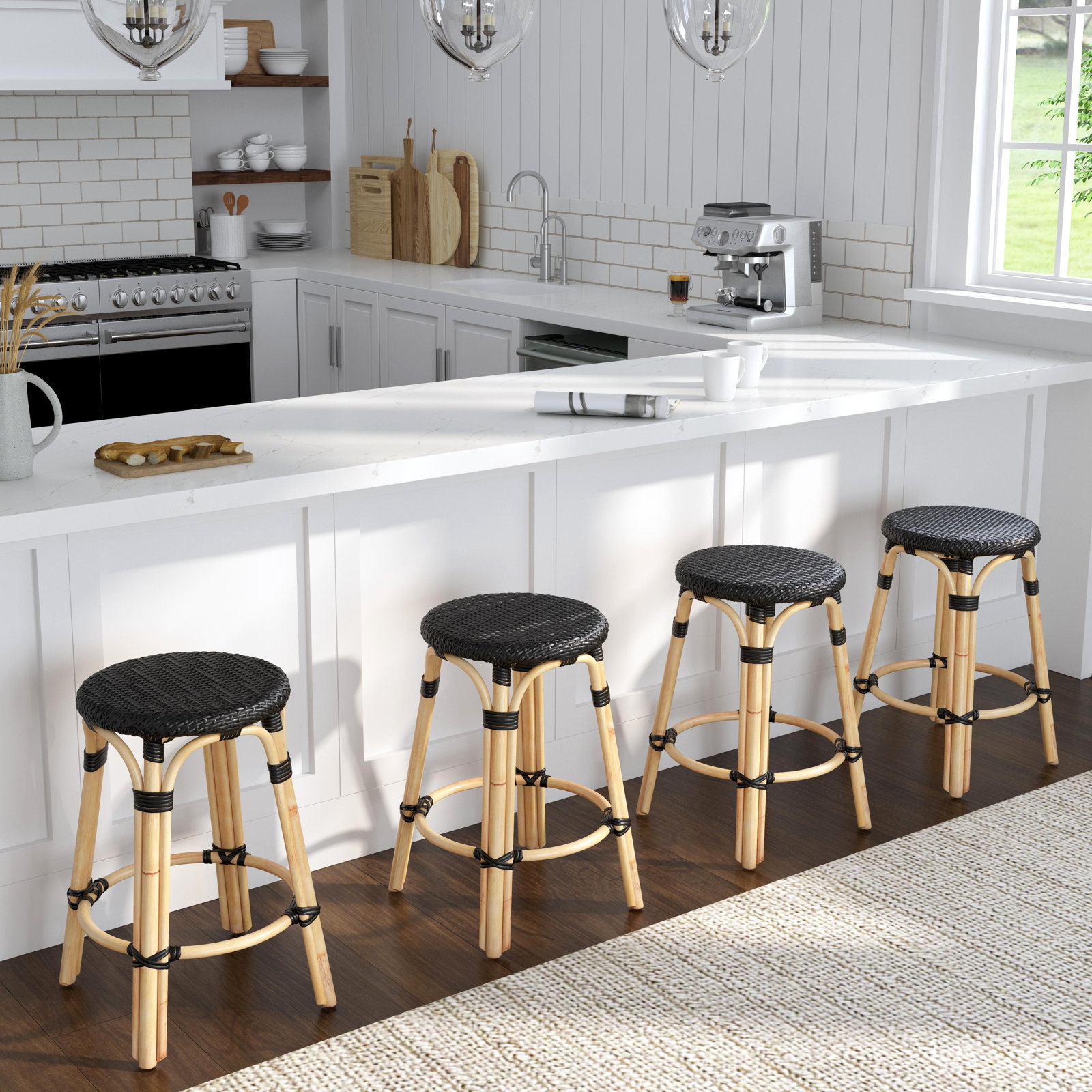 Alastair Bar Stool, Counter Stool (24" Seat Height), Black/Natural Rattan Frame