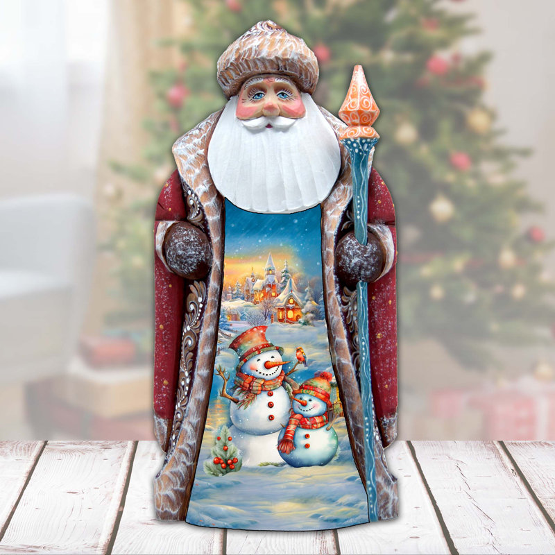 Snowman's Friend Santa Hand-Painted Wood Carved Masterpiece By G. Debrekht