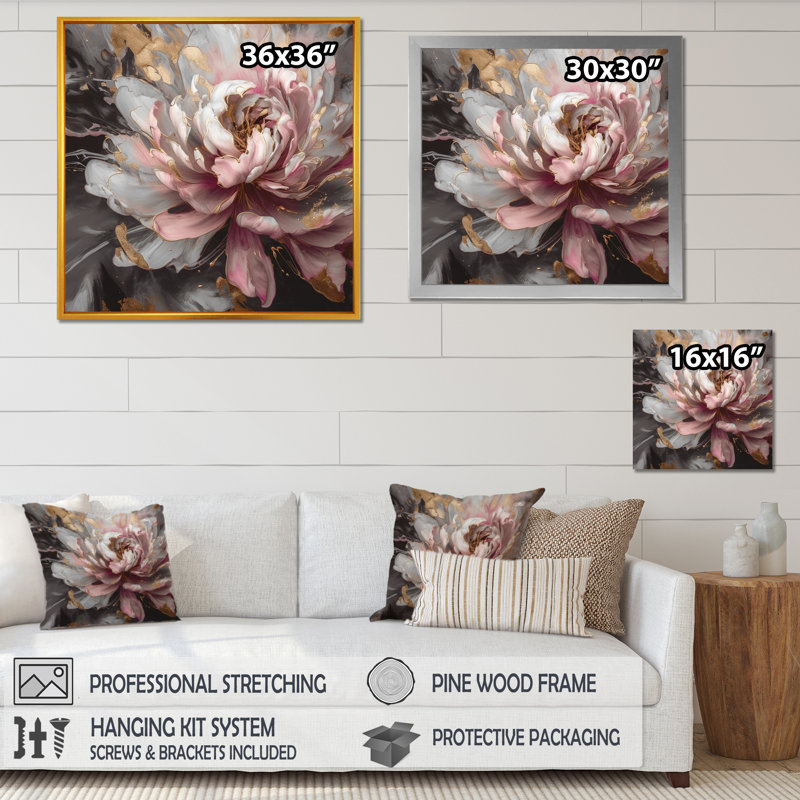 " White Pink Peonies Blooming ", 30" H x 30" W x 1" D, Gold Floater Framed