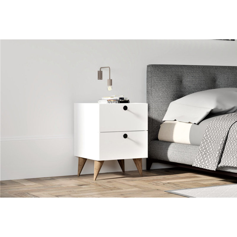 Orinda 40cm W Solid + Manufactured Wood Bedside Table, White/Brown