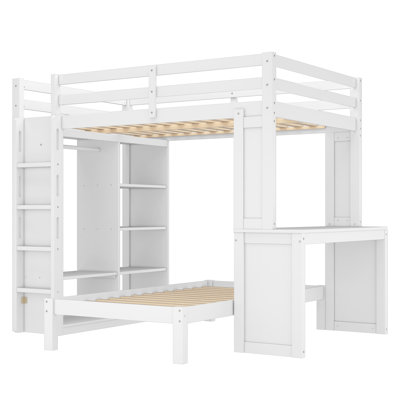 Full XL/Full over Twin Bunk Bed with Removable Lower Bed, Desk, Solid Wood Loft Bed Frame with Shelves & Wardrobe, White