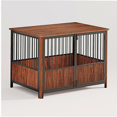 43'' Walnut Fluted Wood Furniture Style Dog Crate for Large & Medium Dogs - Double Door Design, Decorative Pet House & Indoor Side End Table.