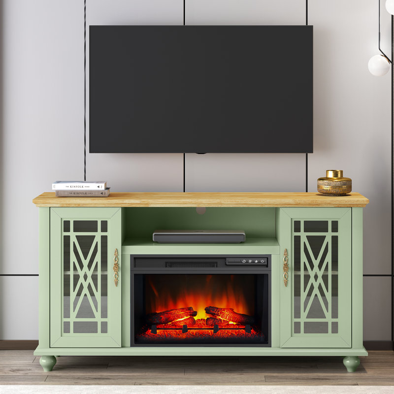 Meuble télé avec foyer, Vert / Naturel