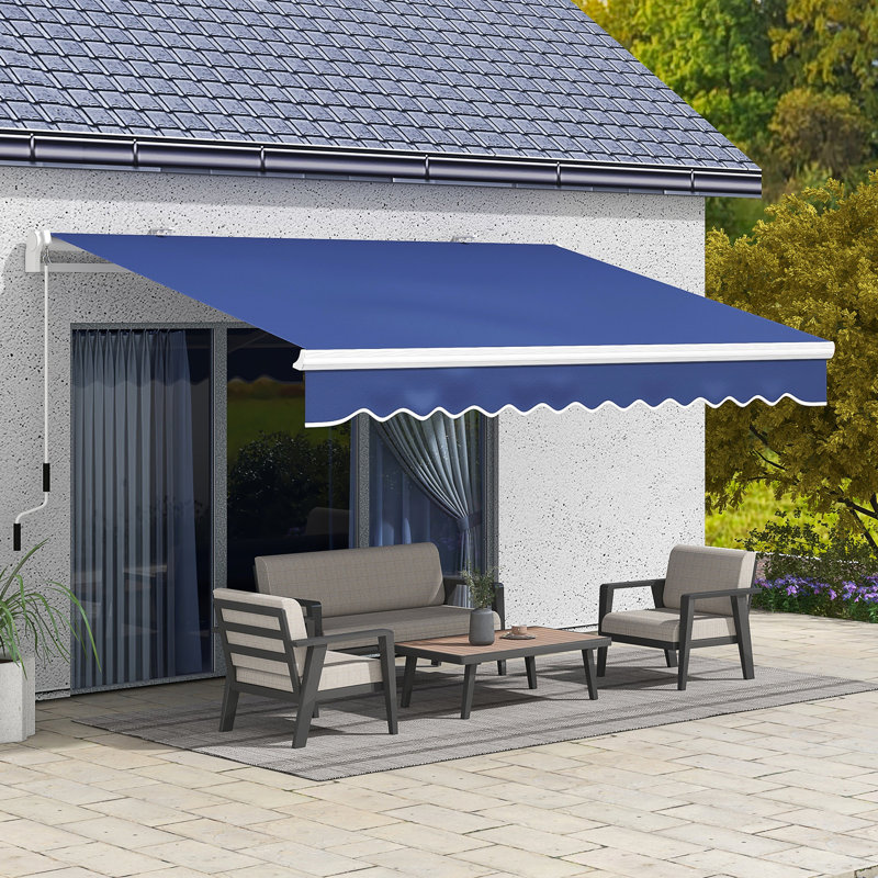 Retractable Patio Awning 13' X 8'. , Water- Fabric, Manual Crank, Aluminum Frame, Dark Blue For Deck Leisure 8' Sunshade Awning. & Water-. Crank Operation. Construction. Multi-Surface Use. Heat