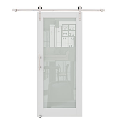 Frosted Glass Solid Manufactured Wood Painted Sliding Barn Door with Nickel-Hardware Kit(No Assembly Required)