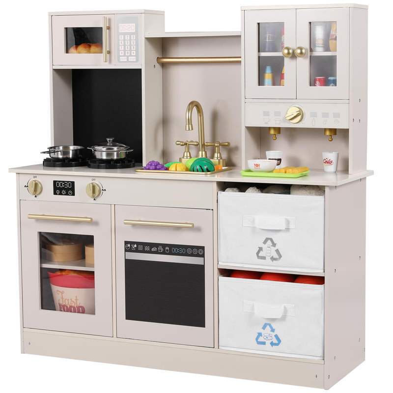 Children's Wooden Play Kitchen With Light And Sound, Doll's Kitchen Wood For Children, 90 X 30 X 90 Cm, With Kitchen Accessories And 2 Pieces Storage Boxes, Toy For Children From 3 Years