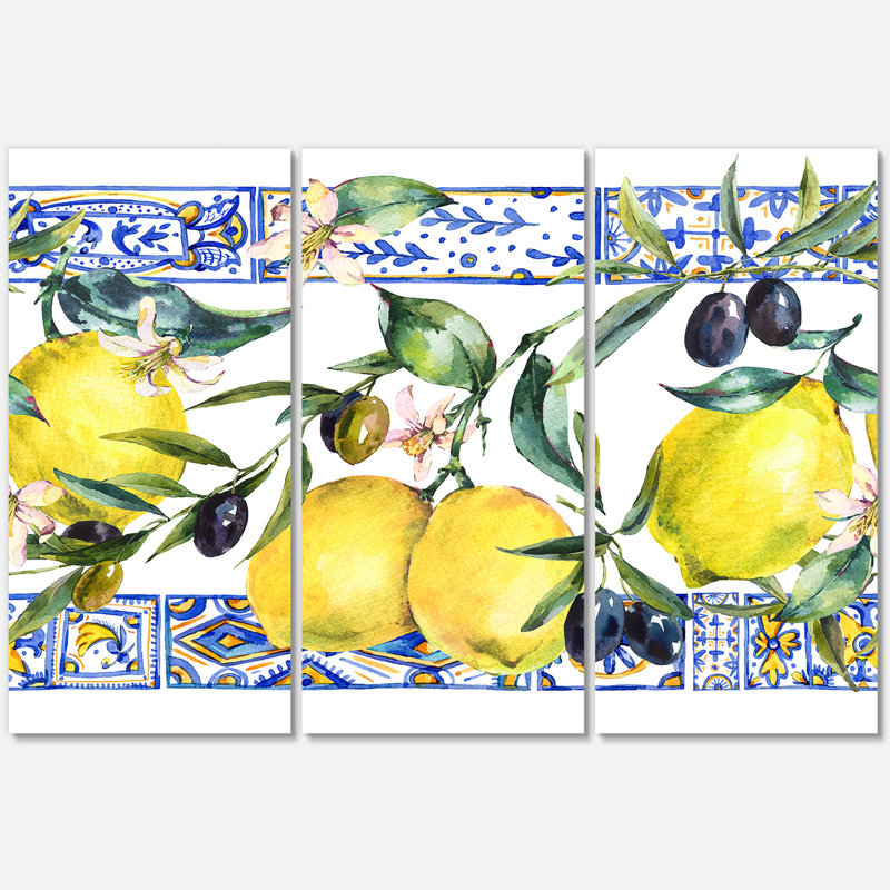 " Lemon Ornament On Blue Geometrical Pattern II " 3 - Pieces Painting Print
