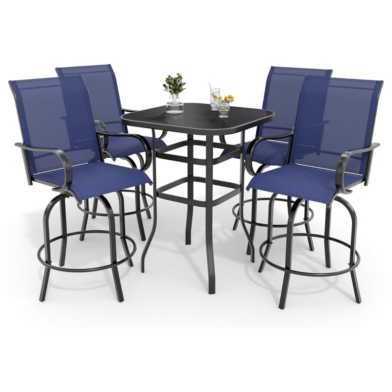 5Pcs  Outdoor Swivel Bar Set With 4 Swivel Chairs And Glass Top Table, All Weather Textile Fabric Outdoor Bar Height Chairs And Table Set Of 5 For Deck, Backyard