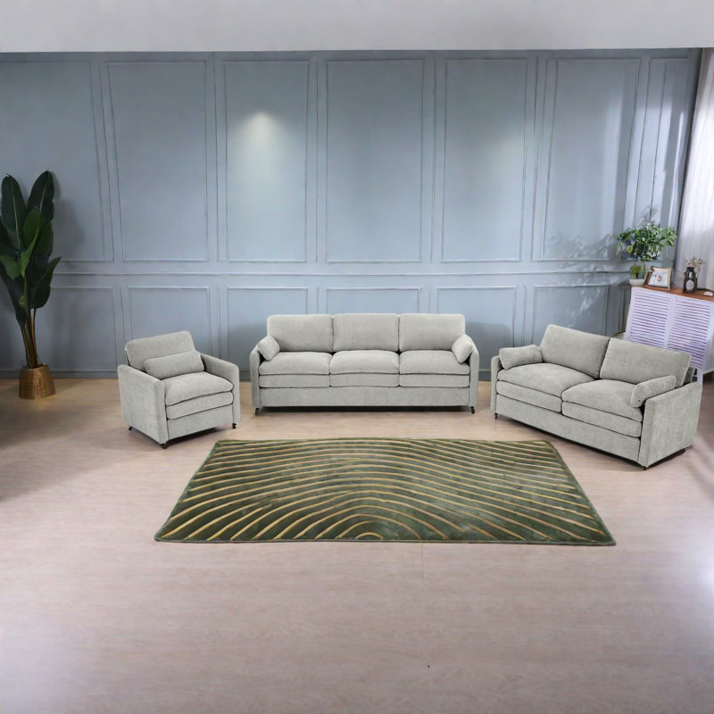 Modern Chenille Sofas Set, Plush Oversized Double Cushion, Light Grey Living Room Style