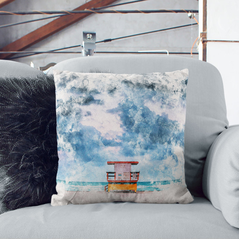 Lifeguard Hut on Miami Beach Florida Watercolour Cushion with Filling, 40cm H x 40cm W x 15cm D, White