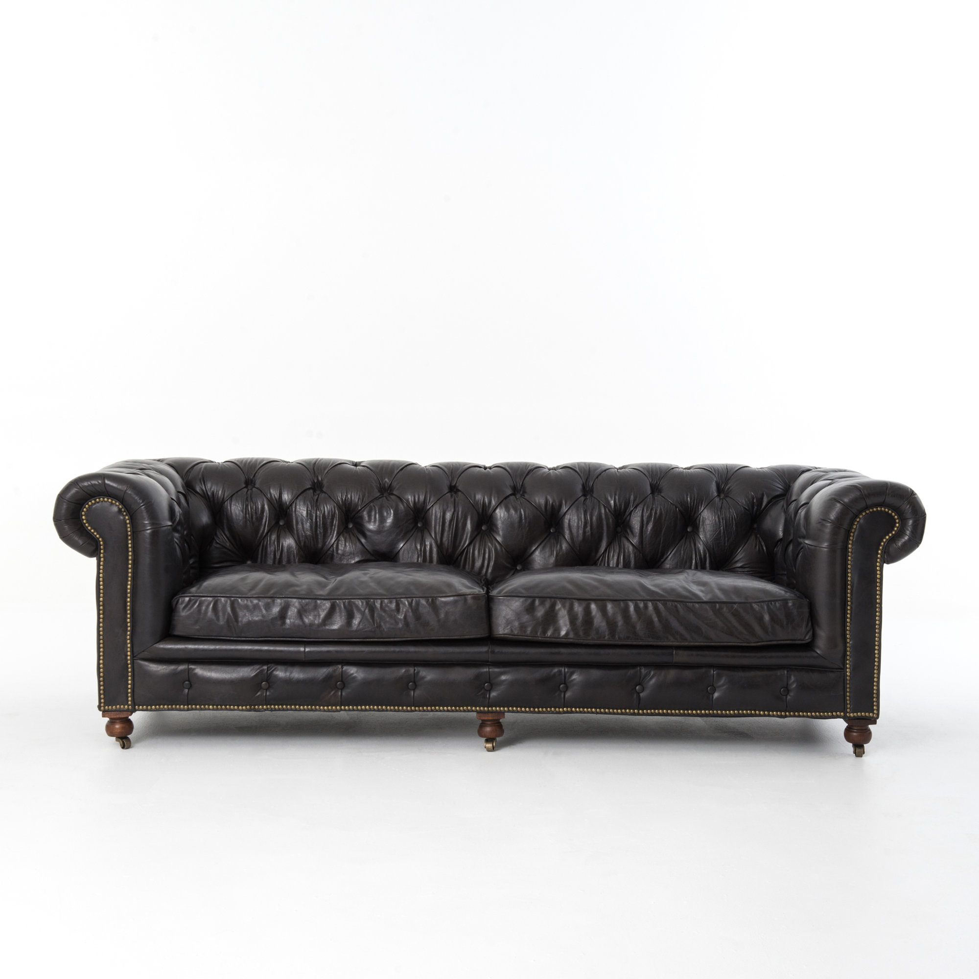 Ramon 95.5" Genuine Leather Rolled Arm Chesterfield Sofa, Rider Black Genuine Leather