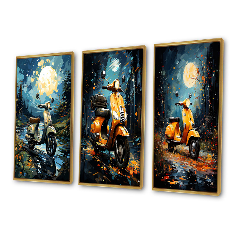Urban Nightly Scooter Vibes - ensemble de 3 reproductions d'art sur toile, Cadre flottant doré, H 40 po x l 60 po