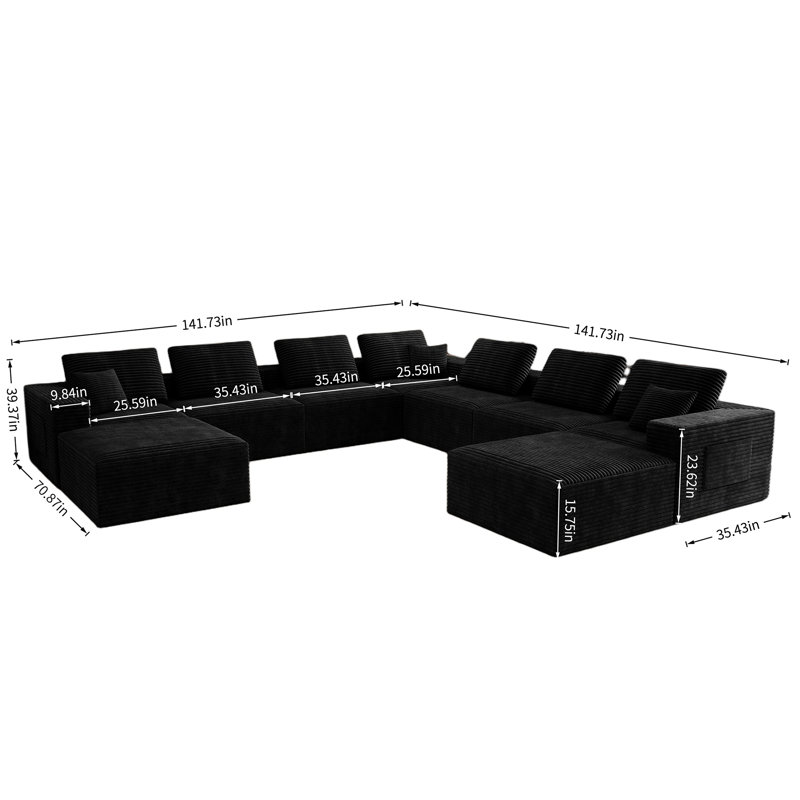 Abdou 141.7" U-Shaped Compression Sectional Sofa With Chaise, Corduroy Cloud Couch, Black