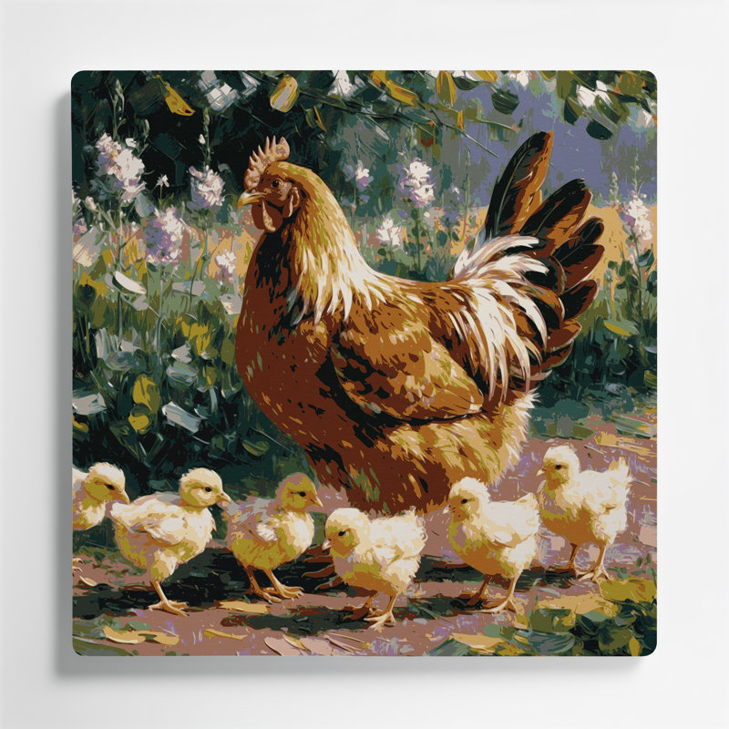 «Farm Hens with Chicks», art mural en métal brun, H 16 po x l 16 po