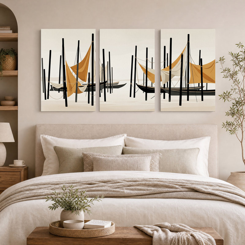 Ensemble de 3 toiles murales représentant des voiliers orange à hauts mâts noirs, 36"H x 24"W x 3pcs