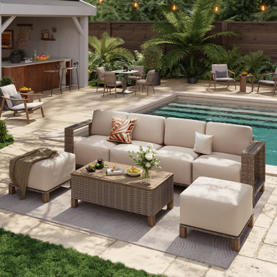 Canapé modulaire d'extérieur pour terrasse 7 pièces avec coussin de 10 po et osier amélioré