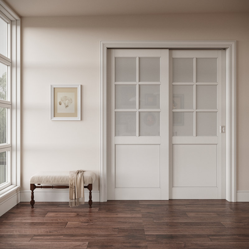 Porte intérieure en verre givré 6-Lite, portes en MDF CARB P2 en verre trempé et en verre trempé avec cadre solide renforcé et serrure de poche argentée et trousse de quincaillerie, pré-fini et imperméable, pour garde-manger, chambre à coucher et garde-robe, facile à bricoler, 56 "x 80"