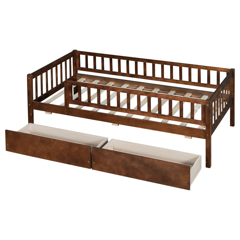 Lit de jour simple avec tiroirs, agencement de couleurs noyer - bois massif pour un intérieur élégant, Noyer, Lit simple