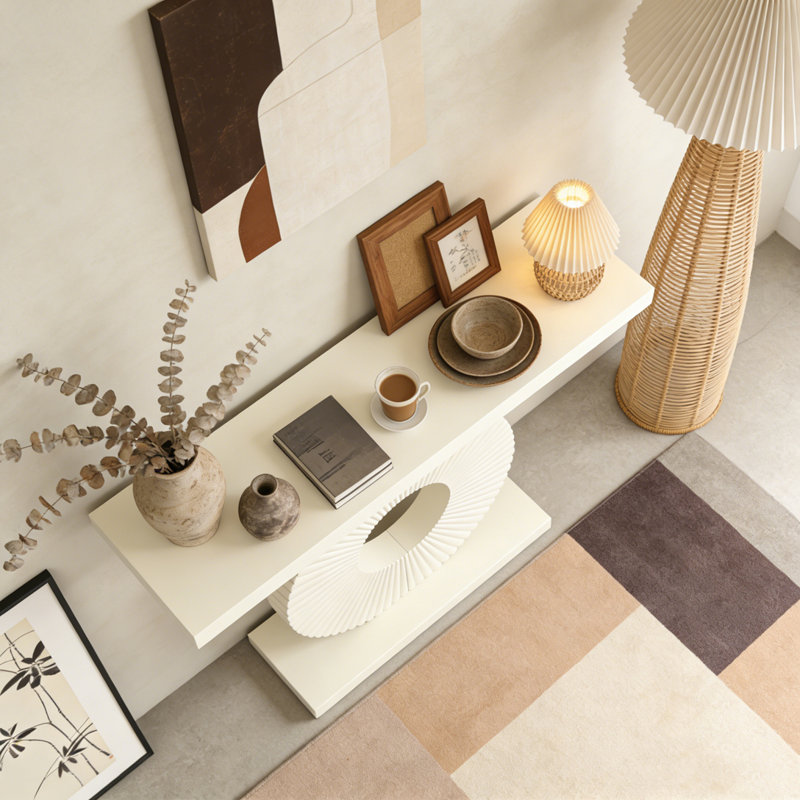 Modern Wood Sofa Table with Geometric Base, White
