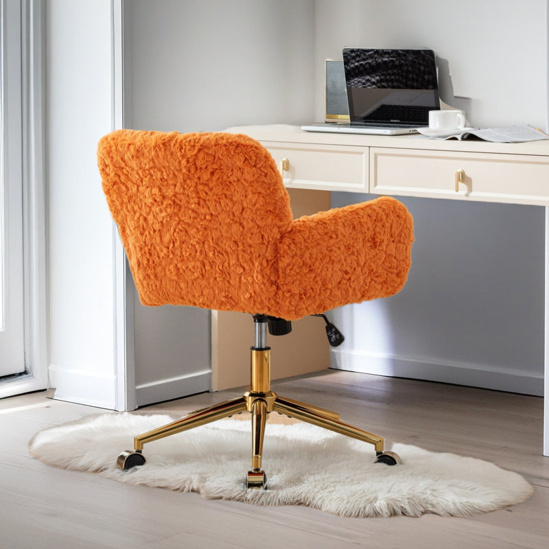 Artificial Rabbit Hair Home Office Chair With Golden Metal Base,Adjustable Desk Chair Swivel Office Chair,Vanity Chair