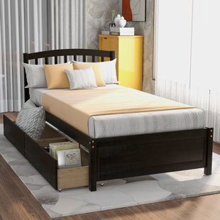 Twin Platform Storage Bed Frame with 2 Drawers, Solid Wood Bed with Headboard, No Box Spring Needed, Underbed Storage, Walnut