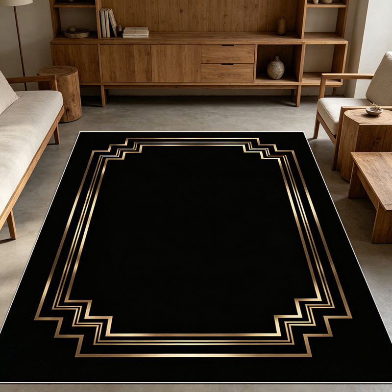 1PC Black Gold Geometric Art Deco Frame area rugs for Living Room, Soft and Comfortable, Suitable for all seasons, easy-to-maintain, machine washable Indoor floor mat, Under Table Farmhouse suitable for dining room, bedroom, entryway, kitchen,